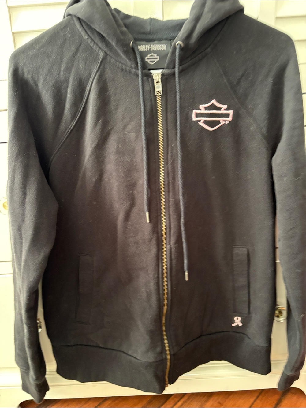 Harley-Davidson Black Zip-Up Hoodie with breast cancer Pink Logo Accents